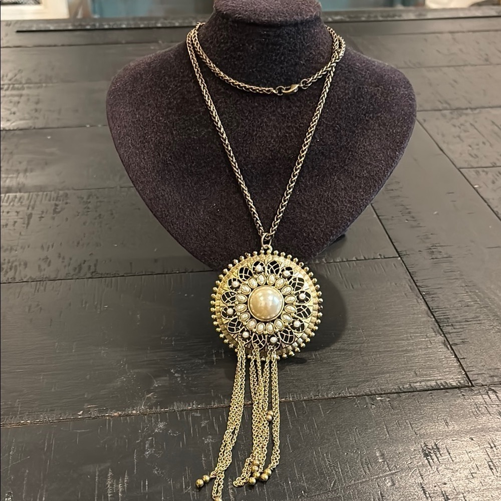 Boho Long Chain Large Round Faux Pearl Gold Pendant Necklace